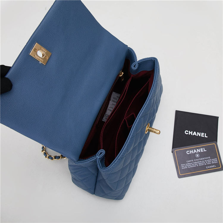 SMALL FLAP BAG WITH TOP HANDLE Grained Calfskin Gold Metal Blue High