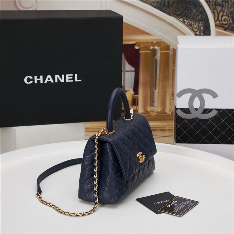 SMALL FLAP BAG WITH TOP HANDLE Grained Calfskin Gold Metal Navy High