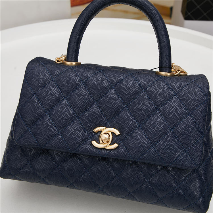 SMALL FLAP BAG WITH TOP HANDLE Grained Calfskin Gold Metal Navy High