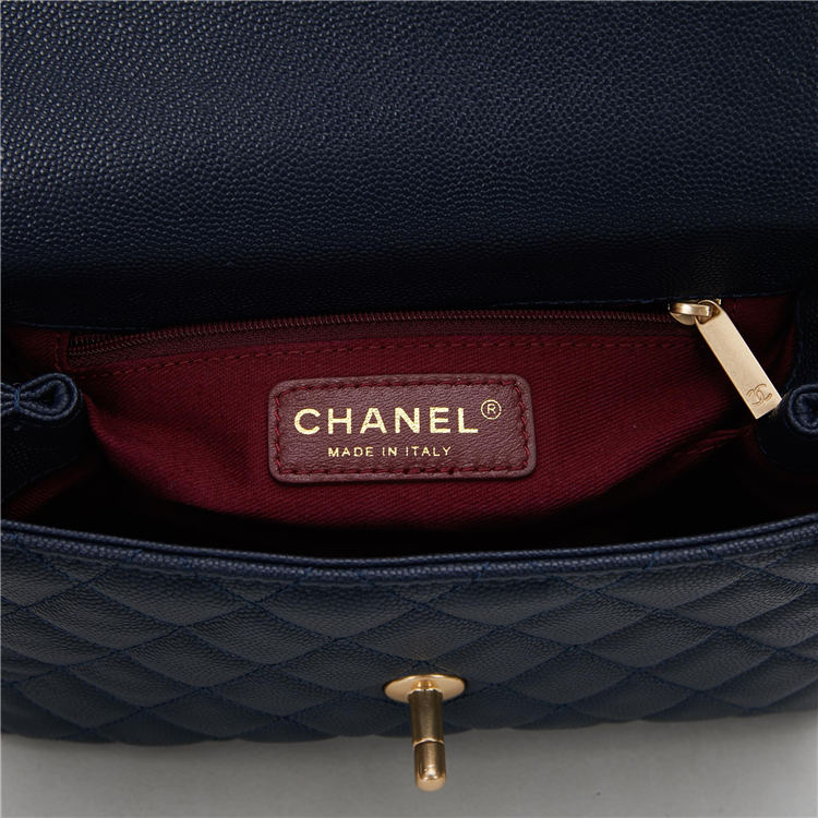 SMALL FLAP BAG WITH TOP HANDLE Grained Calfskin Gold Metal Navy High