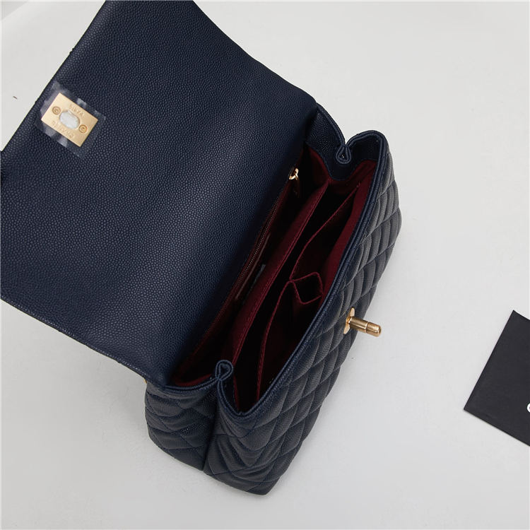 SMALL FLAP BAG WITH TOP HANDLE Grained Calfskin Gold Metal Navy High