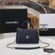 SMALL FLAP BAG WITH TOP HANDLE Grained Calfskin Gold Metal Navy High