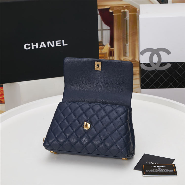 SMALL FLAP BAG WITH TOP HANDLE Grained Calfskin Gold Metal Navy High