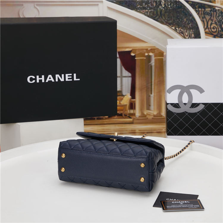 SMALL FLAP BAG WITH TOP HANDLE Grained Calfskin Gold Metal Navy High