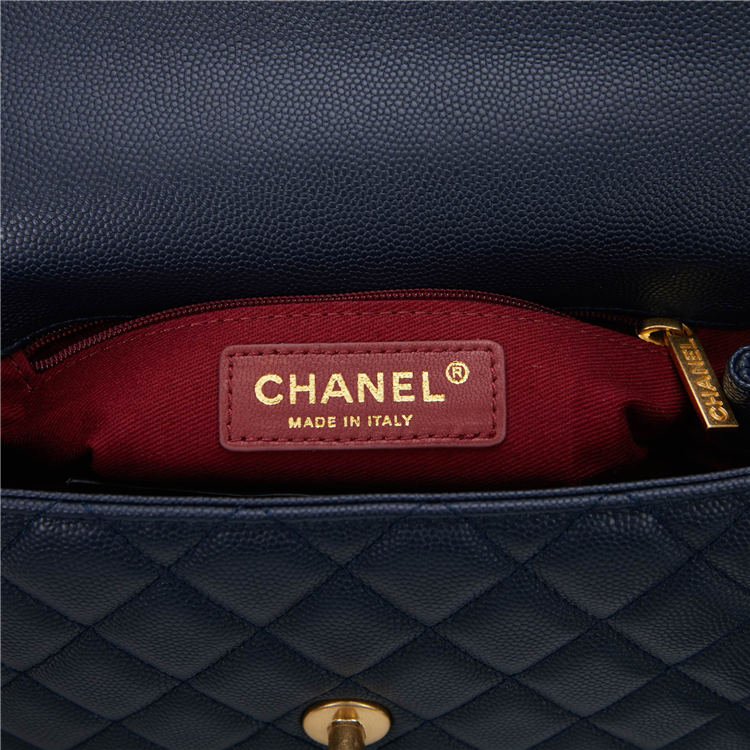 SMALL FLAP BAG WITH TOP HANDLE Grained Calfskin Gold Metal Navy High