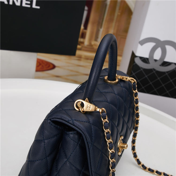 SMALL FLAP BAG WITH TOP HANDLE Grained Calfskin Gold Metal Navy High