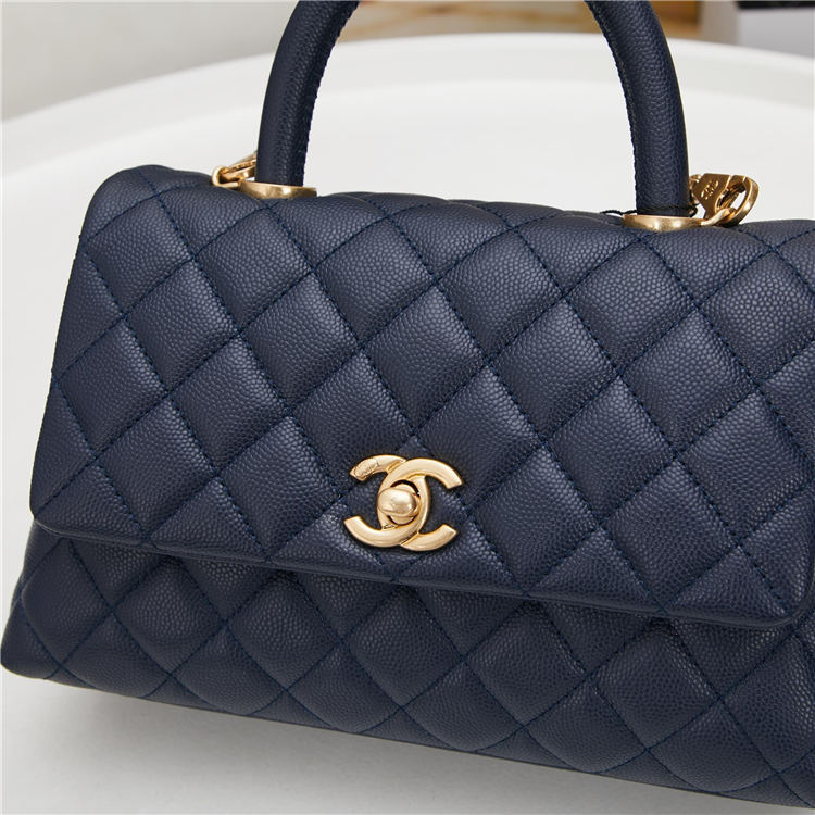 SMALL FLAP BAG WITH TOP HANDLE Grained Calfskin Gold Metal Navy High