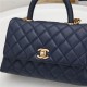 SMALL FLAP BAG WITH TOP HANDLE Grained Calfskin Gold Metal Navy High