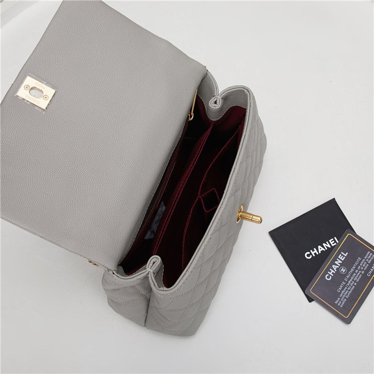 SMALL FLAP BAG WITH TOP HANDLE Grained Calfskin Gold Metal Grey High