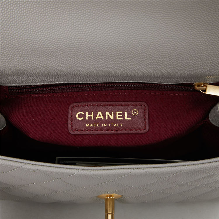 SMALL FLAP BAG WITH TOP HANDLE Grained Calfskin Gold Metal Grey High