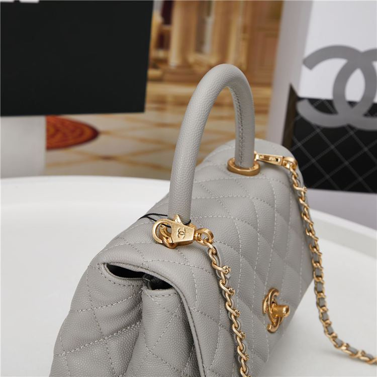 SMALL FLAP BAG WITH TOP HANDLE Grained Calfskin Gold Metal Grey High