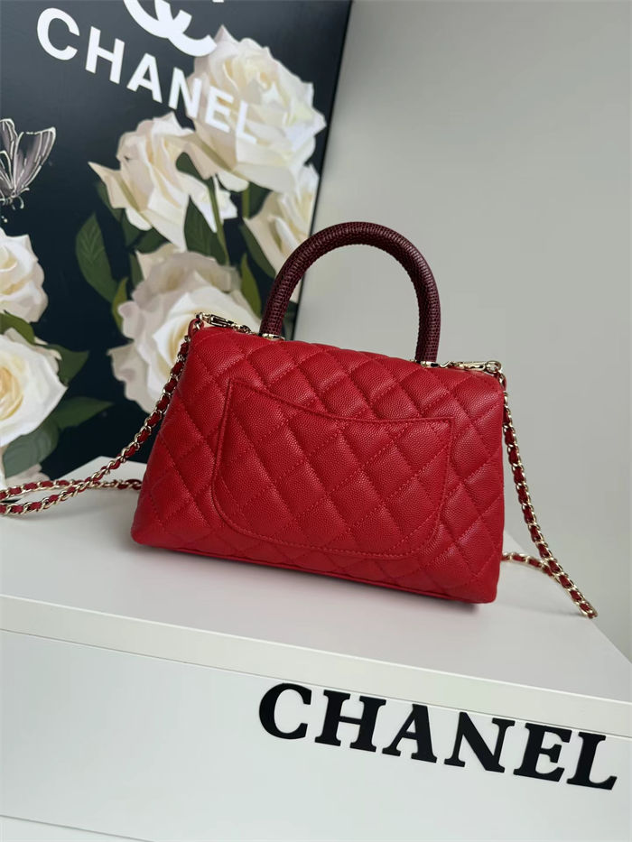 SMALL FLAP BAG WITH TOP HANDLE Grained Calfskin Gold Metal Red High