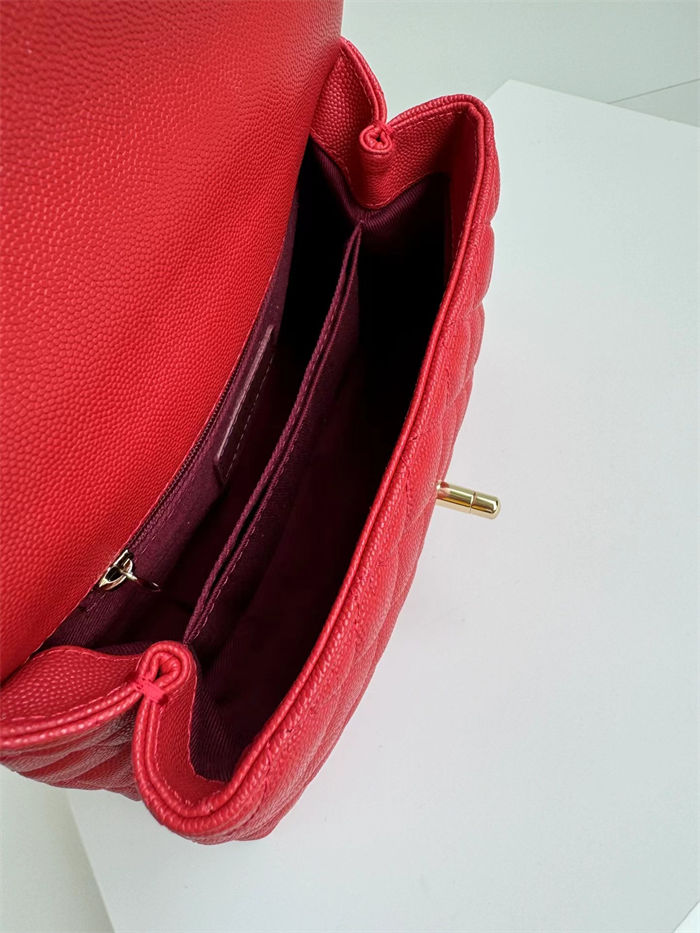 SMALL FLAP BAG WITH TOP HANDLE Grained Calfskin Red Gold Metal High