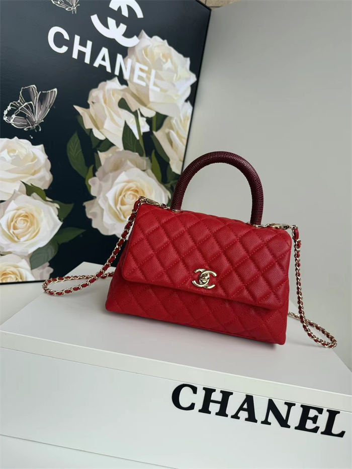 SMALL FLAP BAG WITH TOP HANDLE Grained Calfskin Gold Metal Red High