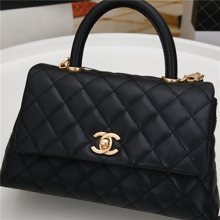 SMALL FLAP BAG WITH TOP HANDLE Grained Calfskin Gold Metal Black High