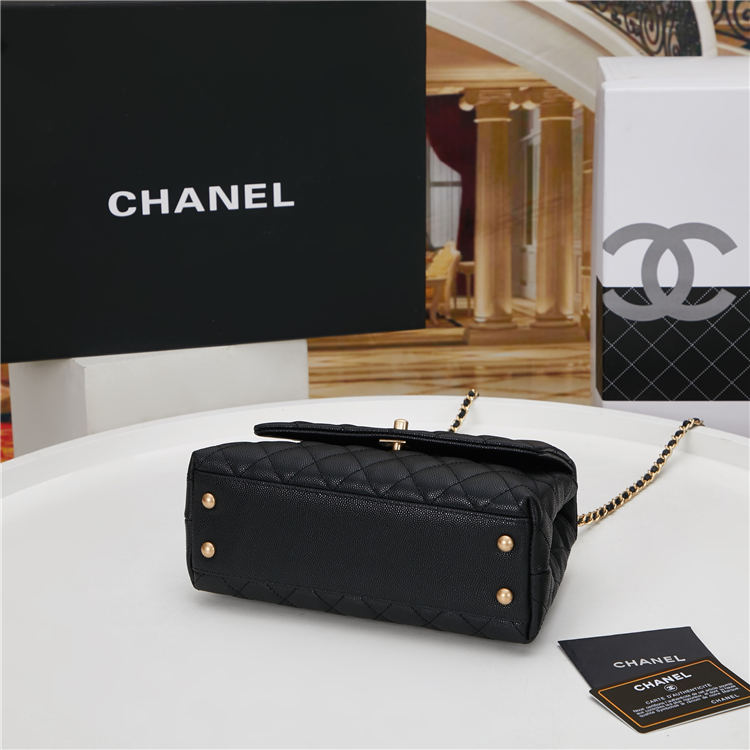 SMALL FLAP BAG WITH TOP HANDLE Grained Calfskin Gold Metal Black High