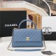 FLAP BAG WITH TOP HANDLE Grained Calfskin Gold Metal Blue High