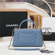 FLAP BAG WITH TOP HANDLE Grained Calfskin Gold Metal Blue High