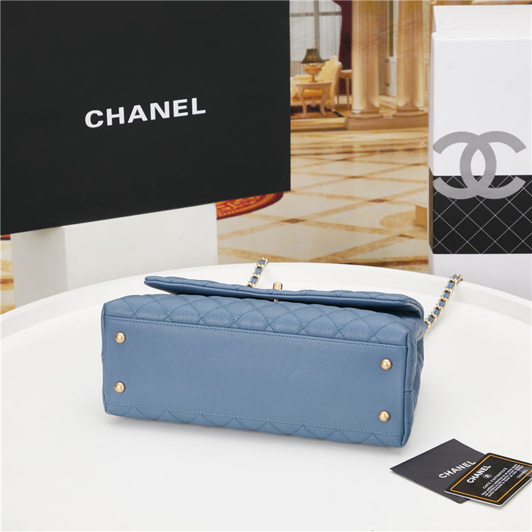 FLAP BAG WITH TOP HANDLE Grained Calfskin Gold Metal Blue High