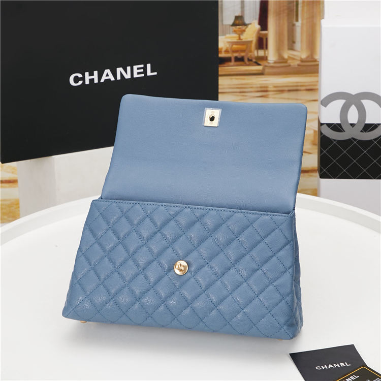 FLAP BAG WITH TOP HANDLE Grained Calfskin Gold Metal Blue High