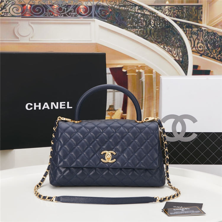 FLAP BAG WITH TOP HANDLE Grained Calfskin Gold Metal Navy High