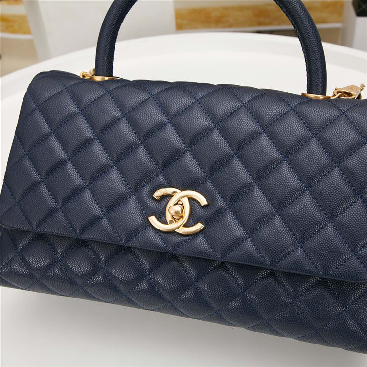 FLAP BAG WITH TOP HANDLE Grained Calfskin Gold Metal Navy High