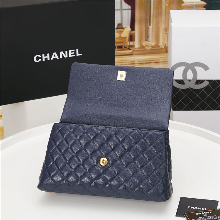 FLAP BAG WITH TOP HANDLE Grained Calfskin Gold Metal Navy High