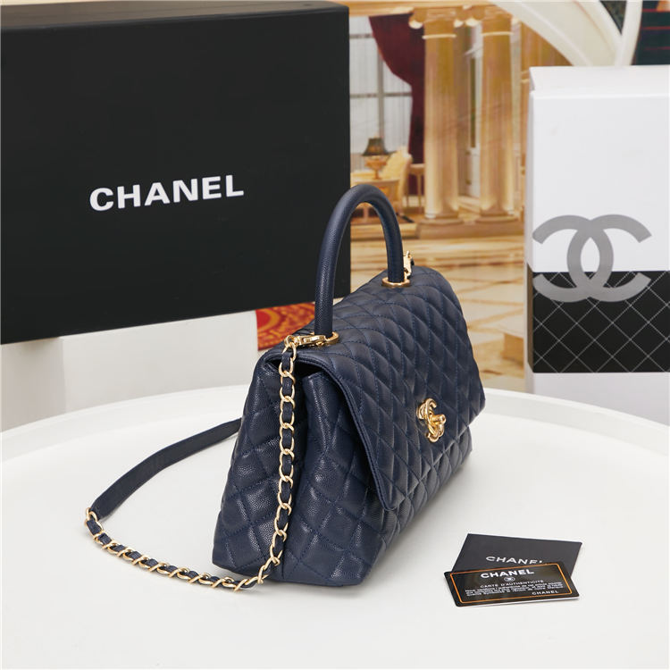 FLAP BAG WITH TOP HANDLE Grained Calfskin Gold Metal Navy High