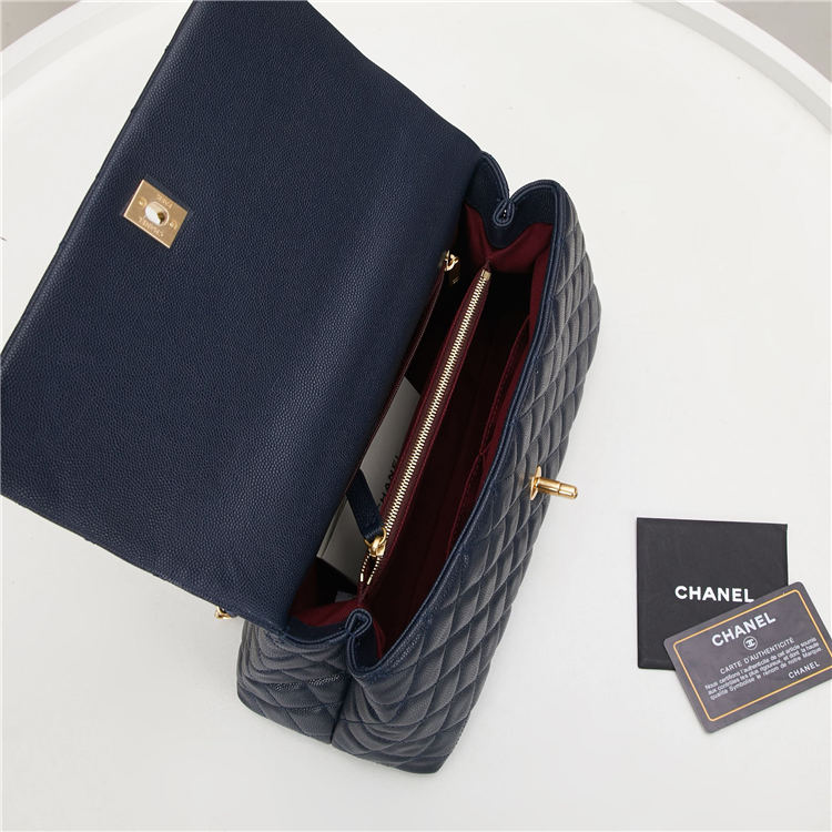 FLAP BAG WITH TOP HANDLE Grained Calfskin Gold Metal Navy High