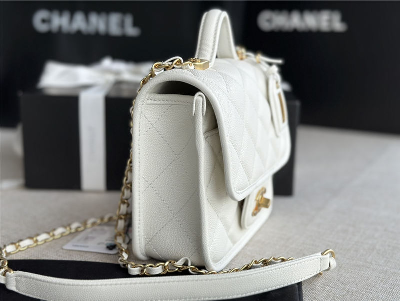 Chanel SMALL FLAP BAG WITH TOP HANDLE Grained Calfskin & Gold-Tone Metal AS3652 White A