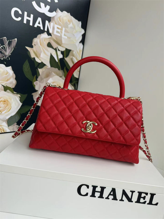 FLAP BAG WITH TOP HANDLE Grained Calfskin Gold Metal Red High