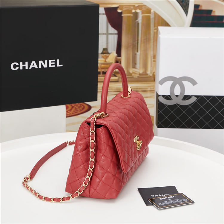 FLAP BAG WITH TOP HANDLE Grained Calfskin Gold Metal Red High