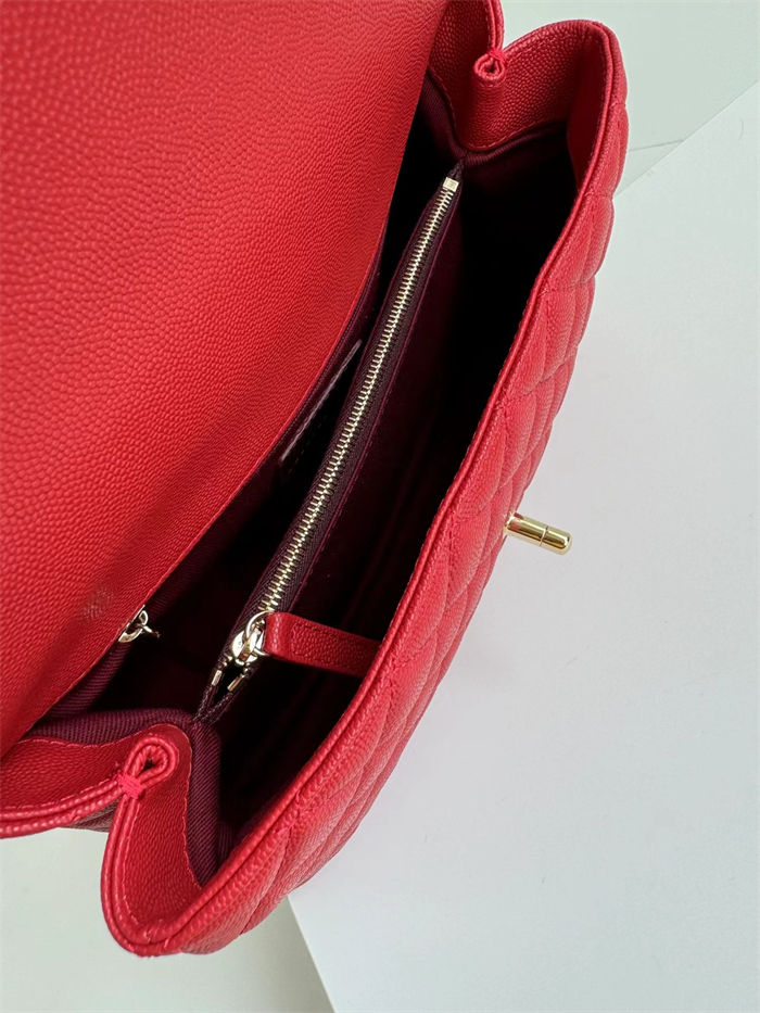 FLAP BAG WITH TOP HANDLE Grained Calfskin Gold Metal Red High