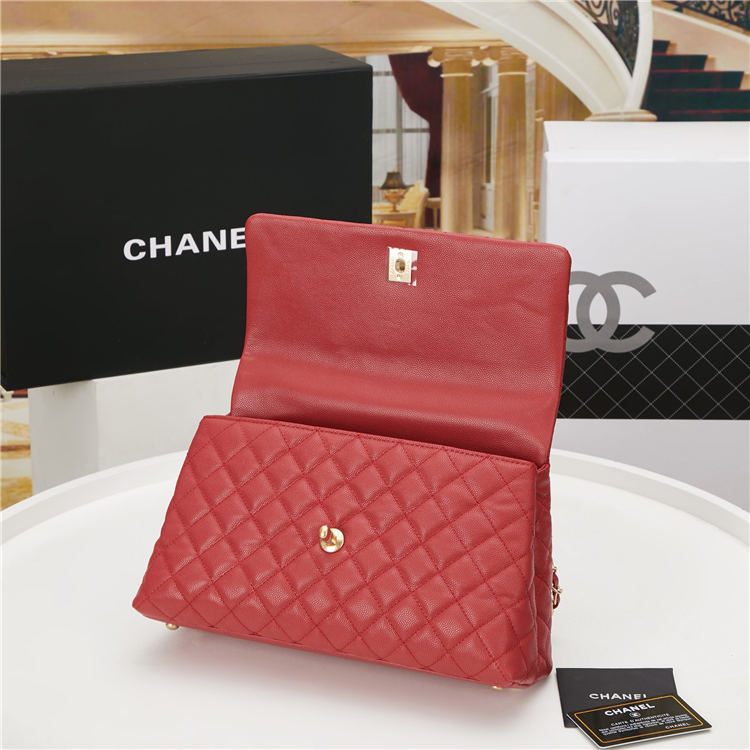 FLAP BAG WITH TOP HANDLE Grained Calfskin Gold Metal Red High