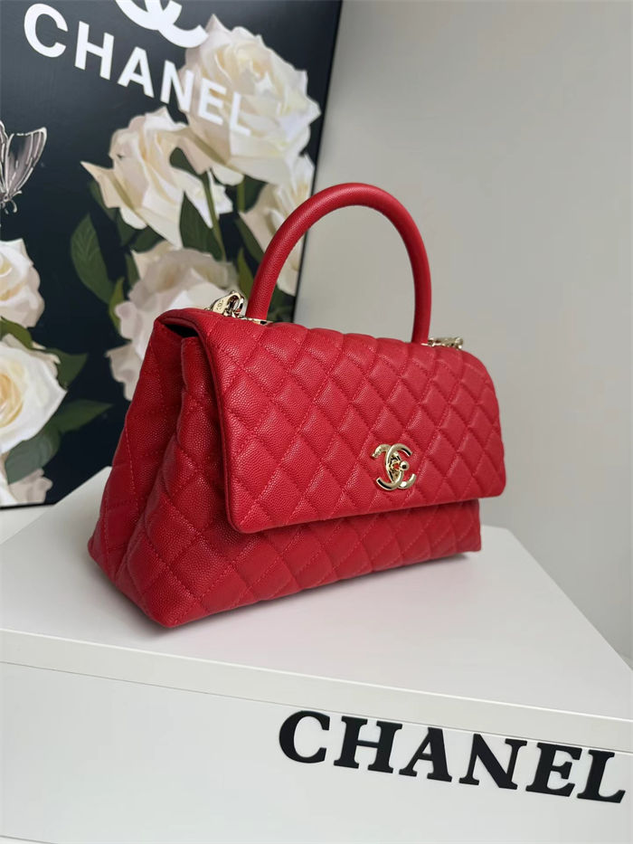 FLAP BAG WITH TOP HANDLE Grained Calfskin Gold Metal Red High