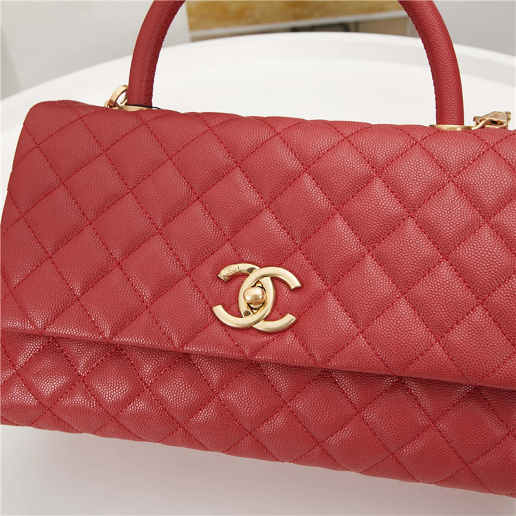 FLAP BAG WITH TOP HANDLE Grained Calfskin Gold Metal Red High