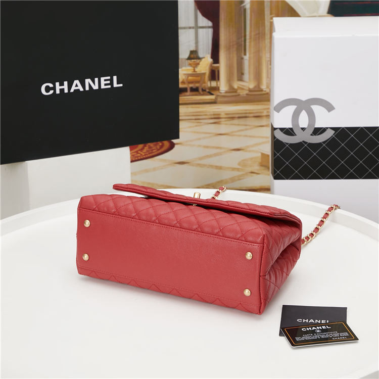 FLAP BAG WITH TOP HANDLE Grained Calfskin Gold Metal Red High