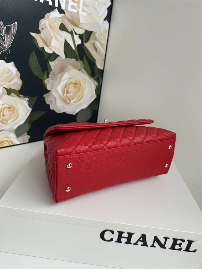 FLAP BAG WITH TOP HANDLE Grained Calfskin Gold Metal Red High