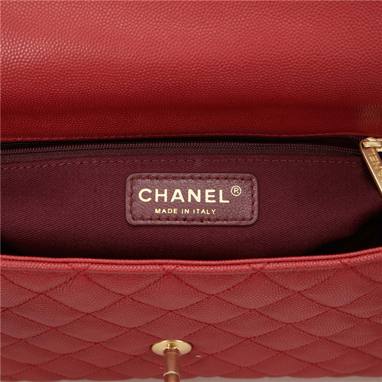 FLAP BAG WITH TOP HANDLE Grained Calfskin Gold Metal Red High