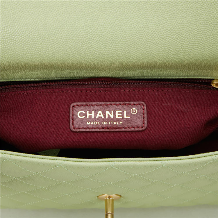 FLAP BAG WITH TOP HANDLE Grained Calfskin Gold Metal Green High