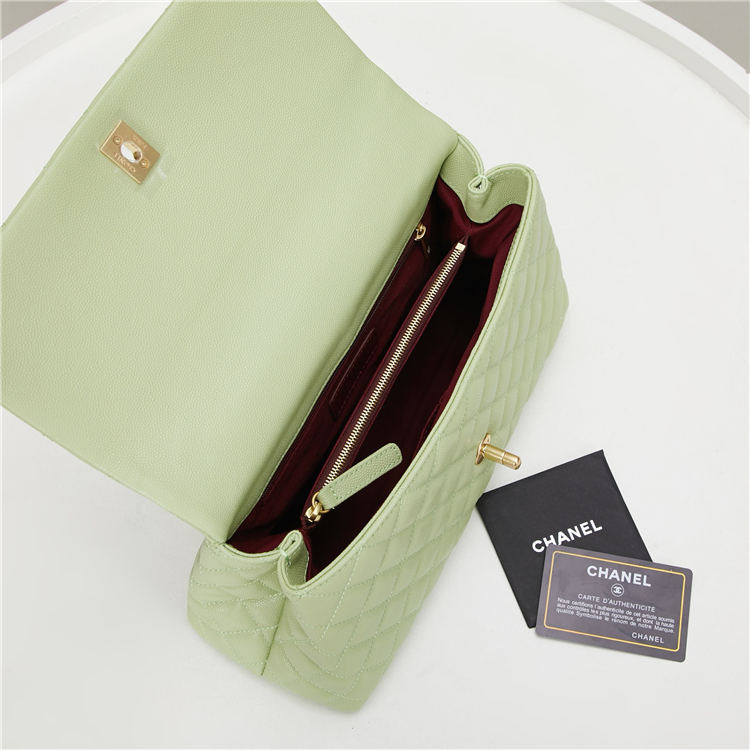 FLAP BAG WITH TOP HANDLE Grained Calfskin Green Gold Metal High