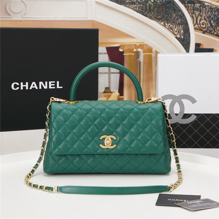 FLAP BAG WITH TOP HANDLE Grained Calfskin Green Gold Metal High