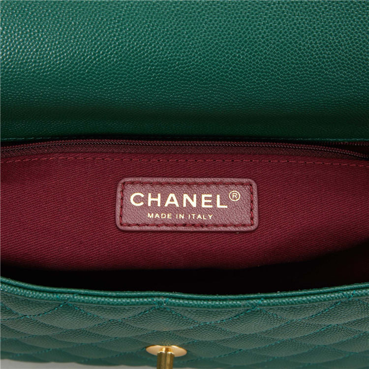 FLAP BAG WITH TOP HANDLE Grained Calfskin Gold Metal Green High