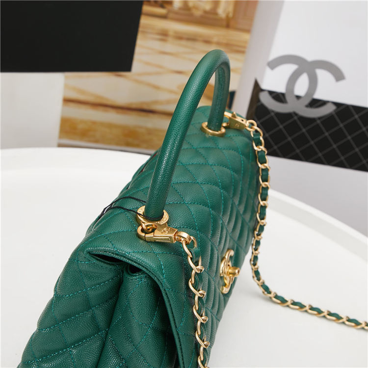 FLAP BAG WITH TOP HANDLE Grained Calfskin Gold Metal Green High