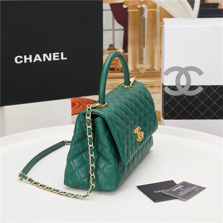 FLAP BAG WITH TOP HANDLE Grained Calfskin Gold Metal Green High