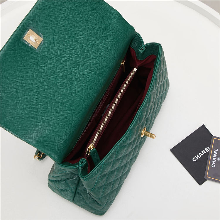 FLAP BAG WITH TOP HANDLE Grained Calfskin Gold Metal Green High