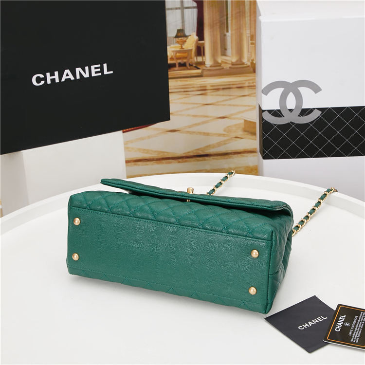 FLAP BAG WITH TOP HANDLE Grained Calfskin Gold Metal Green High