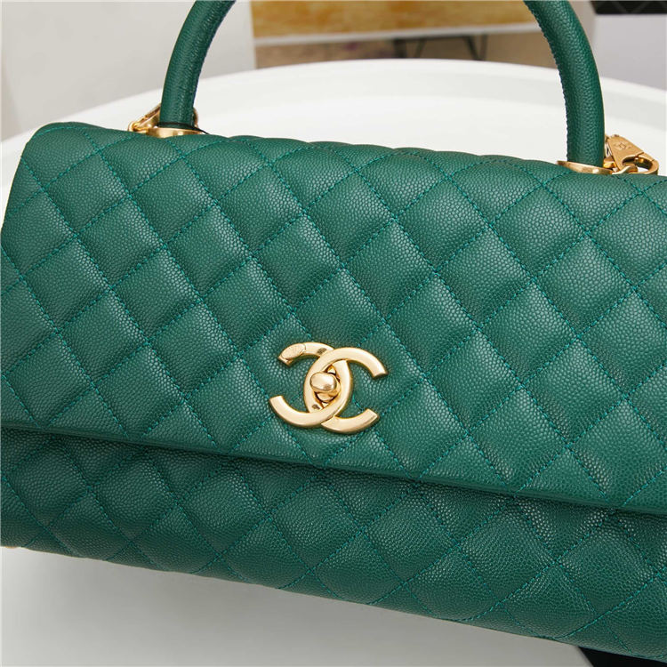 FLAP BAG WITH TOP HANDLE Grained Calfskin Gold Metal Green High