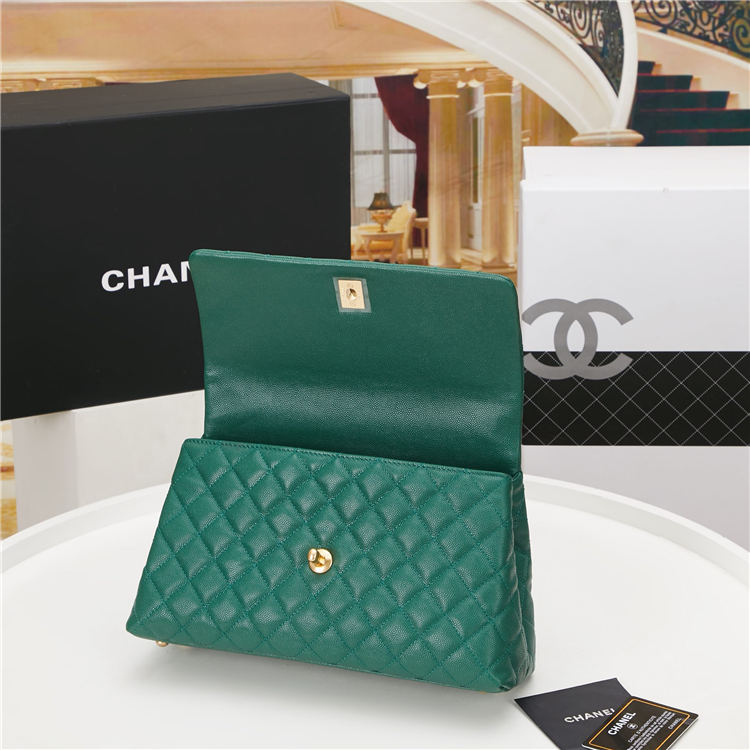 FLAP BAG WITH TOP HANDLE Grained Calfskin Gold Metal Green High