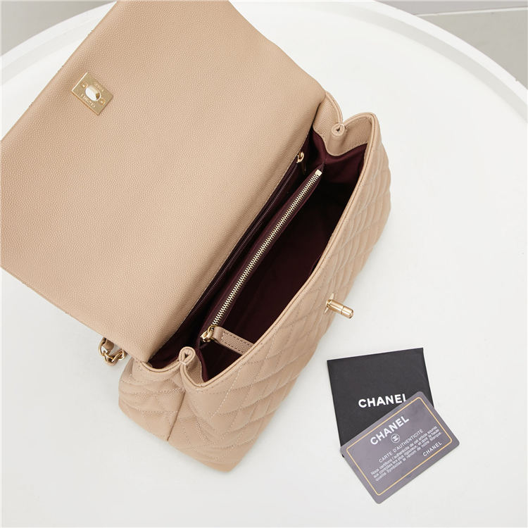 FLAP BAG WITH TOP HANDLE Grained Calfskin Gold Metal Beige High